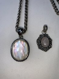 Thick Braided Silver Toned Necklace And Two Pendants With Stones, Iridescent White And Light Purple Ovals