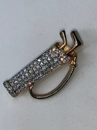 Golf Motif Rhinestone Pin, Golf Bag With Two Clubs, Gold Toned
