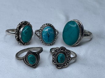 Nice Lot Of Turquoise Smooth Oval Stone Rings, Silver Toned Settings, Fashion, Vintage, Matrix, Various Sizes