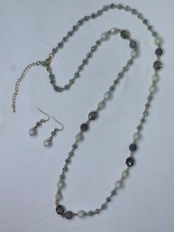 Lovely Light Blue And Green Beaded  Long Necklace And Matching Dangle Earrings, AB Beads, Gold Toned Chain