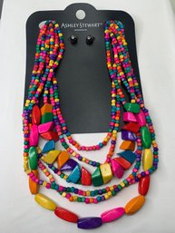 Multicolor Ashley Stewart Wooden Bead Layered Multi Strand Necklace & Gunmetal Silver Ball Post Earrings, NIP
