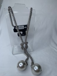 Ashley Stewart Mesh Long Pearl And Knot Pendant Drop Necklace, With Matching Pierced Pearl Stud Earrings