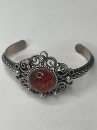 Ornate Silver Toned Antique Amber Filigree Cuff Bangle Bracelet, Smooth Round Center Stone, Small Hallmark