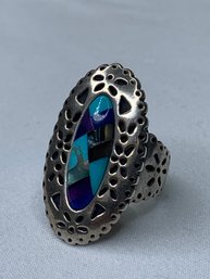 Carolyn Pollack Relios Multi-Stone Mosaic Inlay Ring Scalloped Open Work Sterling Silver 925 Charm, Size 6.5