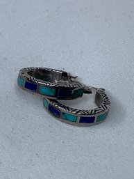 Turquoise And Lapis Lazuli Inlaid Huggie Style Pierced Earrings, Stamped 925 Lt Thailand, Patterned Sides