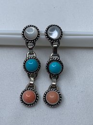 Moonstone, Turquoise And Coral QT Quoc Southwestern Sterling Silver 925 Dangle Earrings, Pierced Post Backs