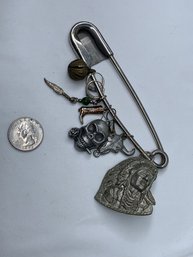 Oversized Safety Pin With Assorted Charms/tchotchkes, 5 Inches Long, Quarter In Photo For Size Only