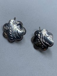 Sterling Silver Earrings Marked 925, Scalloped Edges, Diamond Cut Design
