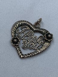 Sterling Silver I Love You Heart Charm/pendant With 3D Flower Accents