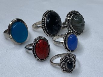 Assorted  Silver Toned Fashion Jewelry Rings With Stones, Red, Blue, Slate, Black, Various Sizes