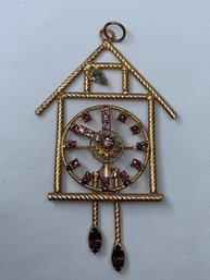 Gorgeous Vintage Rhinestone Clock Gold Toned Pendant, Purple Stone Accents, Movable Hands, Cuckoo Style