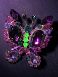 Vintage Rhinestone Radioactive Uranium Butterfly Brooch, Pin In Gold Toned Setting