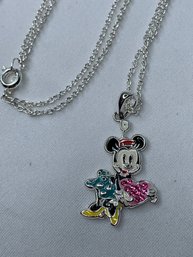 Disney Minnie Mouse Rhinestone And Enamel Pendant On Silver Toned Necklace