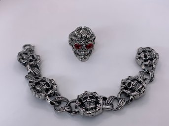 Detailed Skull Motif Bracelet And Ring Set, Ring Has Red Rhinestone Eyes, Bracelet Has Marcasite Accents