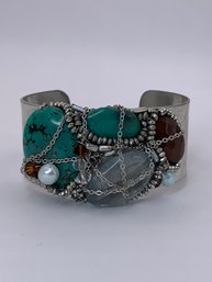 Silver Toned Turquoise, Pearl And Multi Stone Collage Cluster Wired On Cuff Bracelet, Southwestern Style