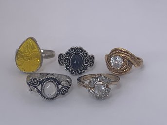Bright Lemon Yellow And Other Assorted Stones Fashion Ring Lot , Silver Toned/gold Toned, Various Sizes