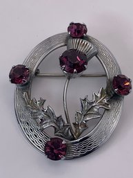 Purple Rhinestone Vintage Mizpah Signed Scottish Brooch, Thistle In Ring, Double Heart Pierced With Arrow Mark
