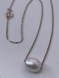 Solitaire Oval Pearl Pendant On Sterling Silver Chain, Necklace Is 14 Inches Long