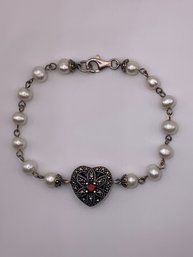 Beautiful Cage Style Heart With Marcasite And Red Stone Pendant Bracelet, Faceted Pearl Band, Sterling Silver