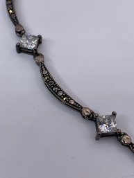 Unique Crescent Link Sterling Silver Marcasite Collar Style Necklace With Clear Stone Accent Spacers