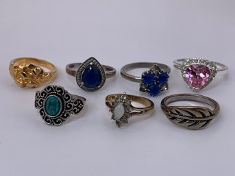 Vintage Lot Of Silver Toned And Gold Toned Fashion Rings, Costume Jewelry, Various Stones And Sizes