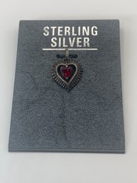Sterling Silver Heart Pendant With Heart Shaped Red Stone , New On Card, Marked 925, 1/2 Inch