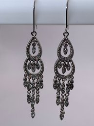Elegant Sterling Silver Dangle Earrings With Clear Stones, Chandelier Pendant Style, Marked 925, 2 Inches,7.6g