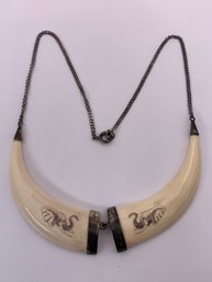 Silver Toned, Tusk Style Necklace With Elephant Detail, 16 Inches