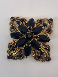 Antique Black Rhinestone Gold Toned Cross Shaped Brooch, Marquise And Round Cut, Filigree Pattern Setting
