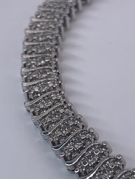 Tennis Bracelet, Silver Toned Diamond Cut Links, Double Safety Squeeze Clasp, 7 Inches