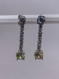 Beautiful Sterling Silver Dangle Drop Earrings With Baguette And Round Cut White & Yellow Stones,1.25in, 3.8g