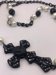 Gothic Style Black Cross And Chain With Cameo, Pearls And Beads, Crystals, 34 Inches