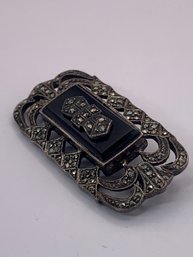 Vintage Sterling Silver Marcasite And Onyx 1.75 Inch Brooch, Marked 925, 12g