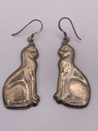 Sitting Cat Vintage Sterling Silver Dangle Pierced Earrings, Marked 925, 1.5 Inches, 7.7g