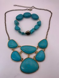 Turquoise Necklace And Bracelet Set, Gold Toned Setting And Chain