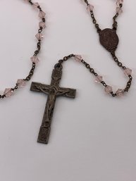 Pink Crystal Beaded Rosary, Cross Stamped Italy, Hanging Length 18 Inches