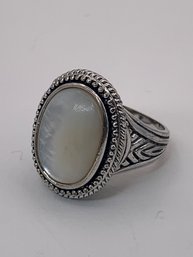 Heavy Mother Of Pearl Silver Toned Ring, Open Back, No Markings, Size 8.5, 11.7g
