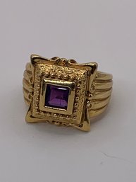 Sterling Silver Gold Plated Square Cut Amethyst Ring, Bow Design On Sides Of Ring, Marked 925, Size 7, 7.3g