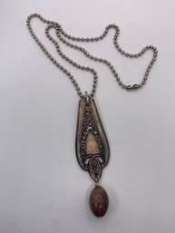 Folk Art Flatware Pendant With Stone (small Chip) On Silver Toned Ball Chain