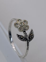 Cute Sterling Silver Flower Marcasite And Clear Crystal Ring, Marked 925, Size 8.5, 1.8g
