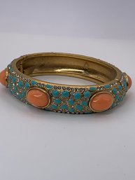 Stella And Dot Fashion Turquoise And Coral-colored Enamel Rhinestone Hinged Cuff Bracelet