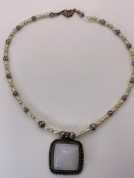 Silver Toned Pendant With Large White Smooth Square Stone, On Pearl And Beaded Necklace,  17 Inches Long