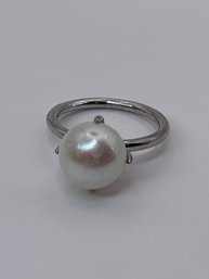 Large Solitaire White Pearl Ring, Sterling Silver Band, Marked 925, Size 9, 4.8g