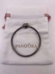 Authentic Pandora Flexible Bracelet, Sterling Silver, Heart Shaped Clasp, With Pouch, 7 Inches, 14.3g