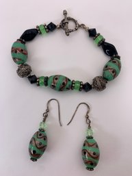 Art Glass Beaded Earrings  And Toggle Clasp Bracelet Set