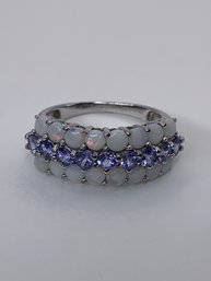Sterling Silver Ring With Rows Of Open-back Opal And Tanzanite, Marked 925, Size 8, 3.5g
