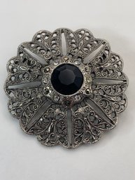 Victorian Style Silver Toned & Marcasite Brooch, Decorated Front And Back, Black Center Stone, 1.5 Inch, 9.9g