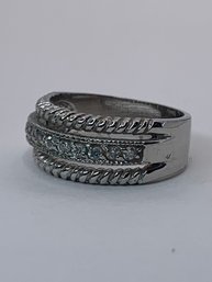 Vintage Silver Toned Single Band, With Appearance Of Three Separate Bands, Row Of Clear Stones In Center, 4.9g