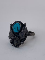 Sterling Silver Southwestern Turquoise Ring With Makers Mark B, Flower With Leaves Wrapped Around Stone, 4.4g