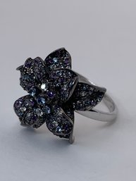 Open Lily Flower Sterling Silver Ring, Purple White And Light Blue Stones, BGE 925 Bradford Gold Exchange, 6g
